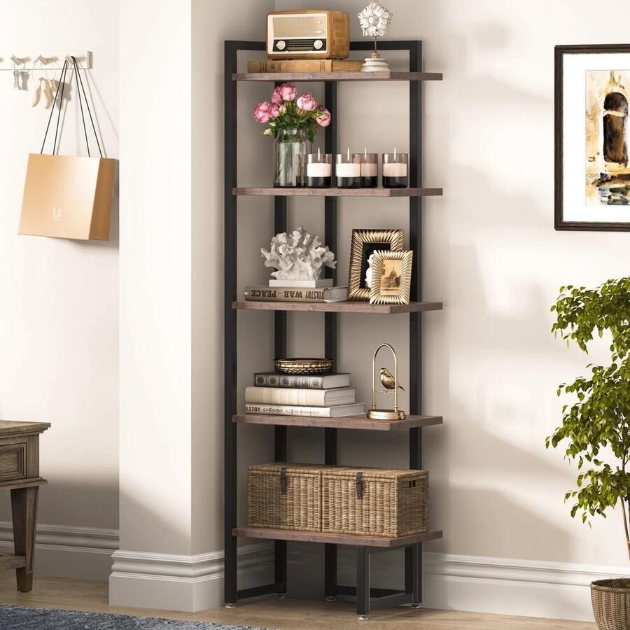 Bloominggoods Hoekkast Boekenkast Industrieel Hout IJzeren Frame Hoekkast 5 Laags Ladderkast 30x52x150cm