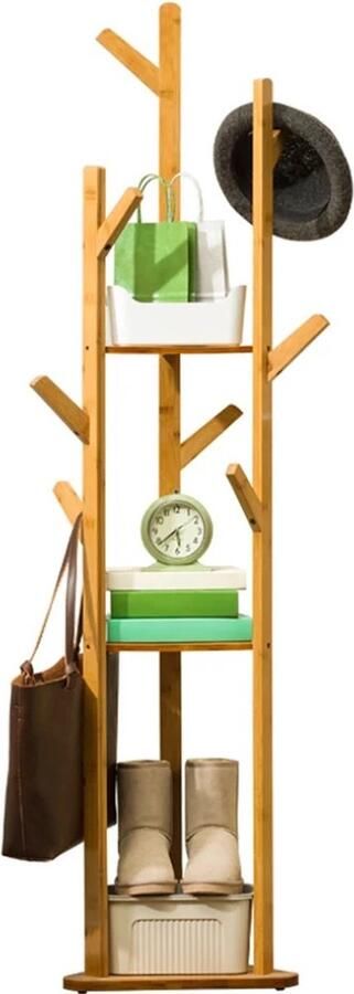 Bloominggoods Kapstok Bamboe Kledingrek Boomvormige Kapstok Staande Kapstok 8 Haken 3 PLanken 165cm Hal Woonkamer Slaapkamer Wachtruimte