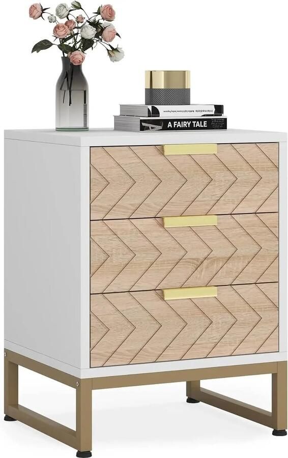 'merkloos'' Nachtkastje Moderne Look Nachtkastjes 3 Lades Bijzettafel Hout Wit Goud Luxe 50x40x65 cm Gouden Handgrepen Honinggraat design - Foto 2