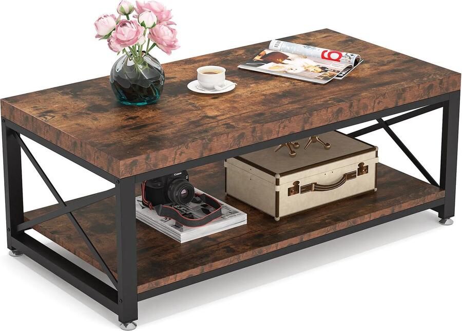 Salontafel Industriële Salontafel Woonkamer Bijzettafel Vintage Bruin Zwart 50x90x45CM Open Vakken en Verborgen Opbergruimte In Hoogte Verstelbaar Salontafel met Lift - Foto 2