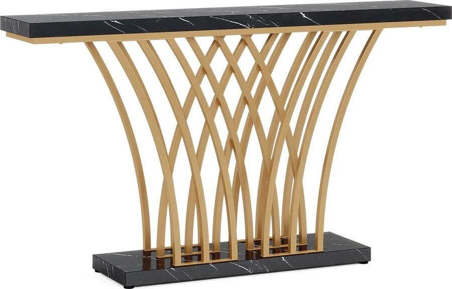 Bloominggoods Sidetable Console Tafel Bijzettafel Hal Gang Woonkamer Zwart Goud Rastervormige Voet 150x30x80CM