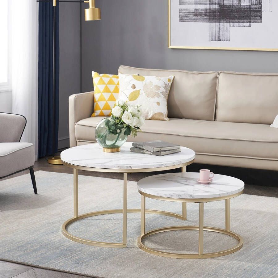 Bloominggoods Ronde Salontafels Wit Marmer set van 2 – Bijzettafel Goud – Salontafel Rond Marmerlook Ø80 & Ø60cm