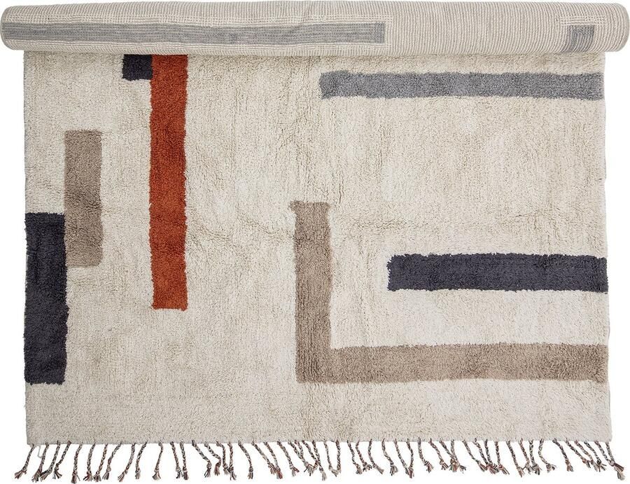 Bloomingville Jue vloerkleed Nature cotton 200 x 140cm Modern Tufted Nordic Rug made of Cotton Cozy Handmade Rug with Neutral Colours & Fringes House Warming Designer Gift for Family Friends to add value to their Living Space