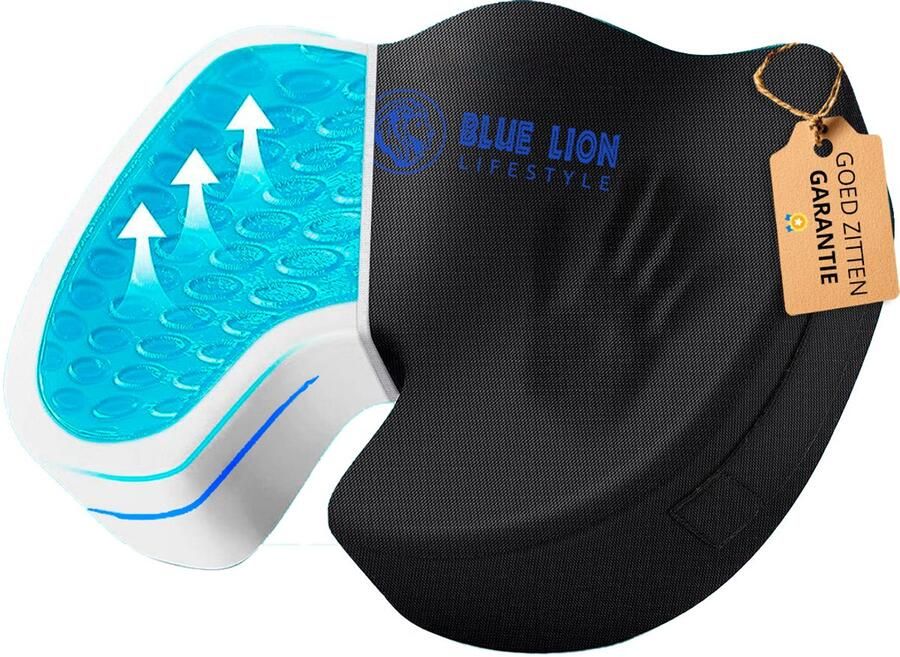 Blue Lion Lifestyle Zitkussen Orthopedisch Ergonomisch Stuitkussen voor in Auto of op Kantoor Wigkussen Bureaustoel Traagschuim + Verkoelende Gel Zwart