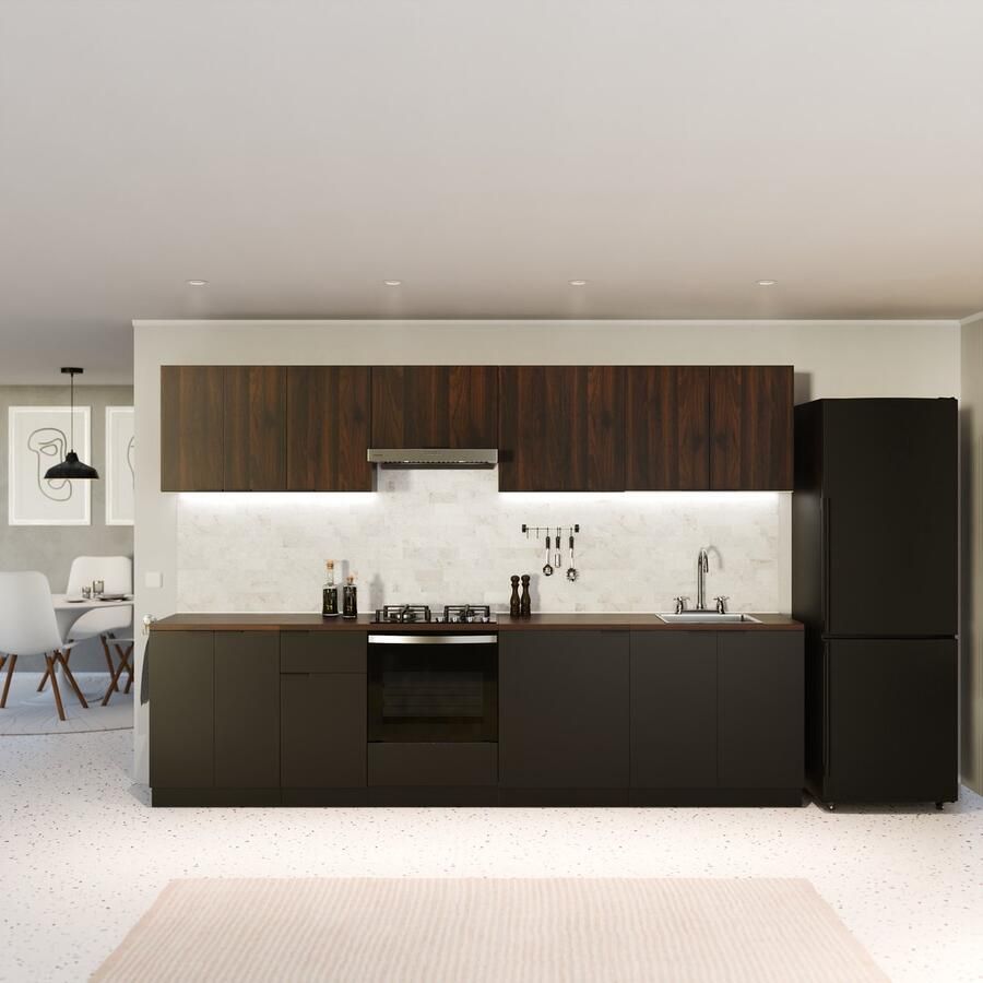 Blumfeldt Keukenkast – Moderne hoge kast met 16 mm melamine coating soft-close scharnieren aluminium grepen wandmontage zwart-walnoot look