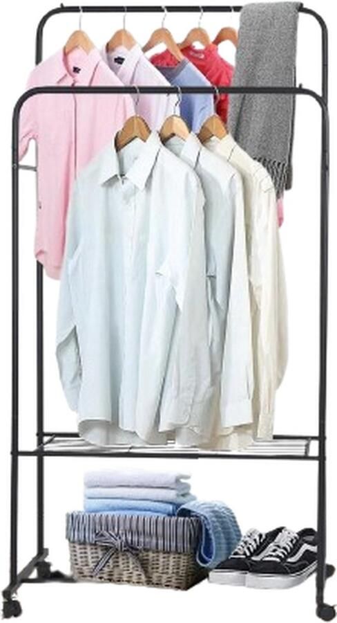Blyx Kledingrek Opbergrek 1 5 m groot Dubbele rail Schoenenrek Opbergplank Met Wieltjes Zwart