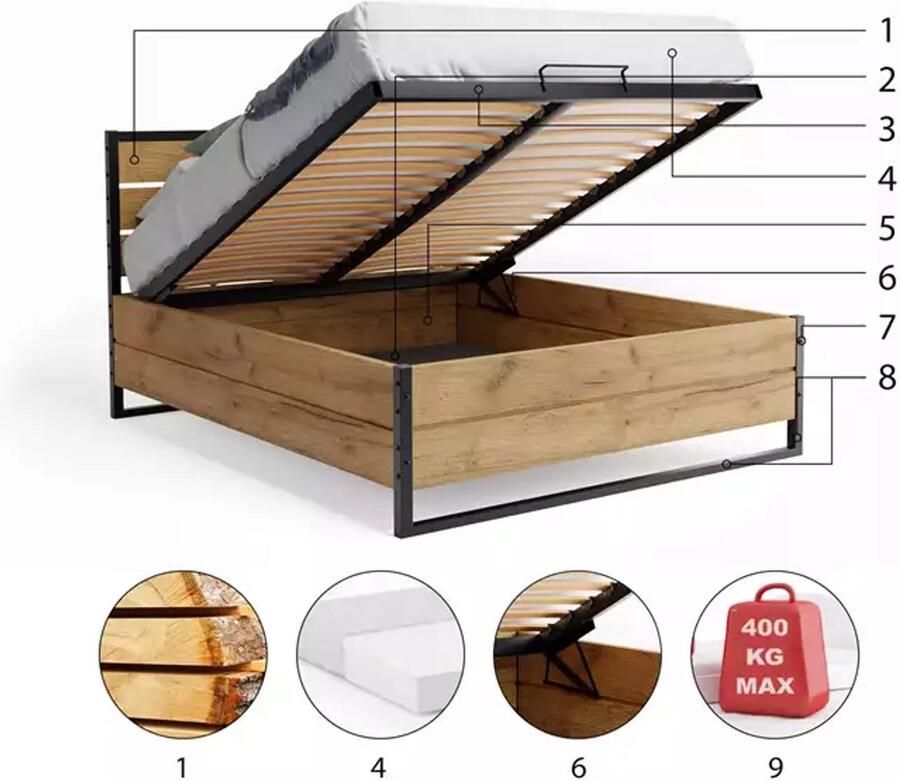 BMS Bed 160x200 Inclusief Matras en Opbergruimte Eikenhout