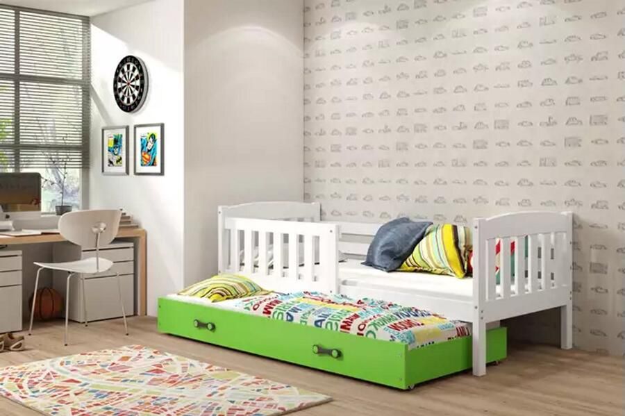 BMS Pull-out Kinderbed KUBUŚ 80x160 Wit Groen Inclusief Matras en Lade