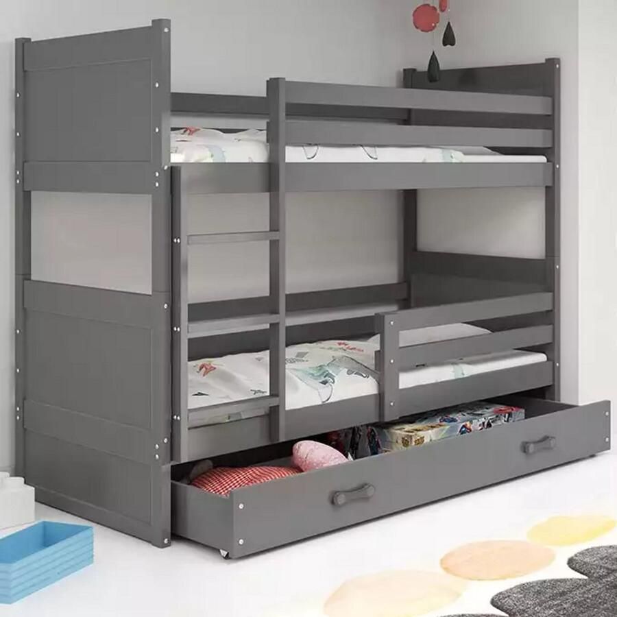 BMS Jeugdloftbed 90x200 cm Grafiet Inclusief Matras en Lade