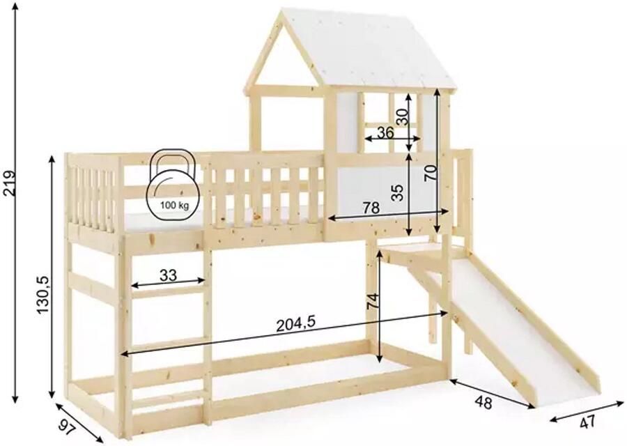 BMS Bunk Bed Loft & Playhouse van Natuurlijk Hout 90x200