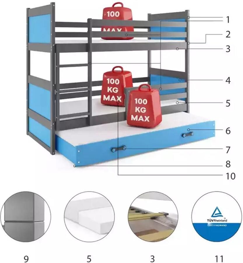 BMS Driepersoons Jeugd Bed 90x190 cm Grafiet met Blauw