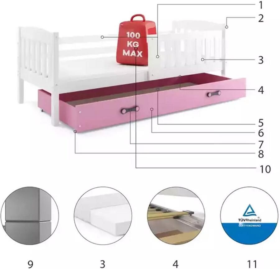 BMS Eenpersoonsbed KUBUŚ 90x200 cm Jongeren Wit Roze