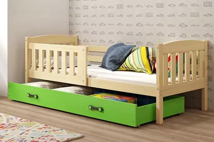 BMS KUBUŚ Single Youth Bed 90x190 cm Pine Green Met Matras en Lade