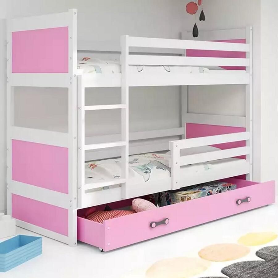 BMS RICO Jeugd Bunk Bed 90x200 Wit Roze Inclusief Matras en Lade