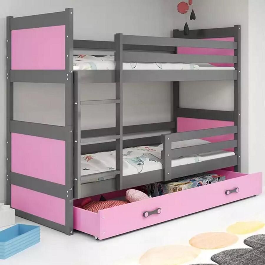 BMS Jeugdbankbed 90x200 cm Graphiet Roze Inclusief Matras en Lade