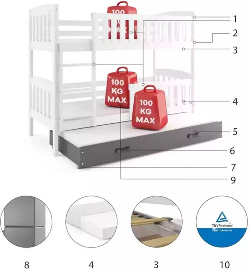 BMS Jeugdbed KUBUŚ 90x190 cm Wit Graphiet Met Lade