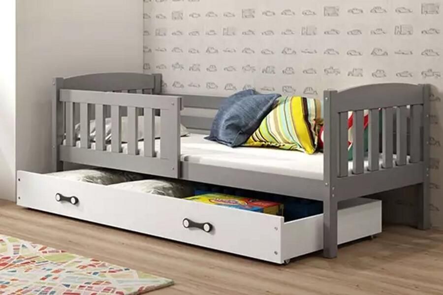 BMS KUBUŚ Single Jeugdbed 90x190 cm Graphiet Wit Inclusief Matras en Lade