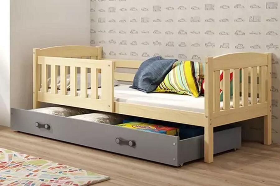 BMS Single Youth Bed 80x190 Pine Graphite Met Mattress en Lade