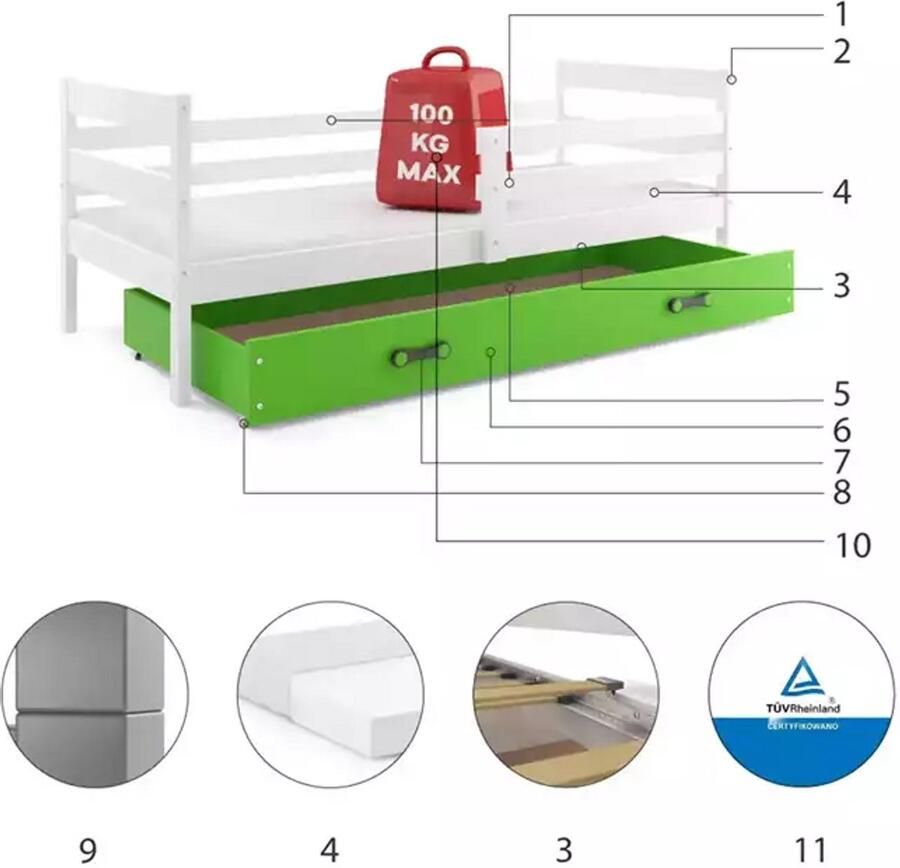 BMS Jongerenbed 80x190 cm Wit Groen Inclusief Matras en Lade