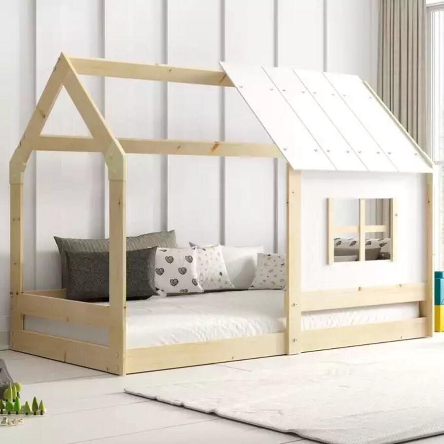 BMS Kinderbed met Dak Natuurlijk Hout 80x160 cm