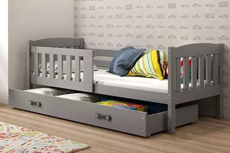 BMS KUBUŚ Eenpersoonsbed 90x200 cm met Matras en Lade Grijs