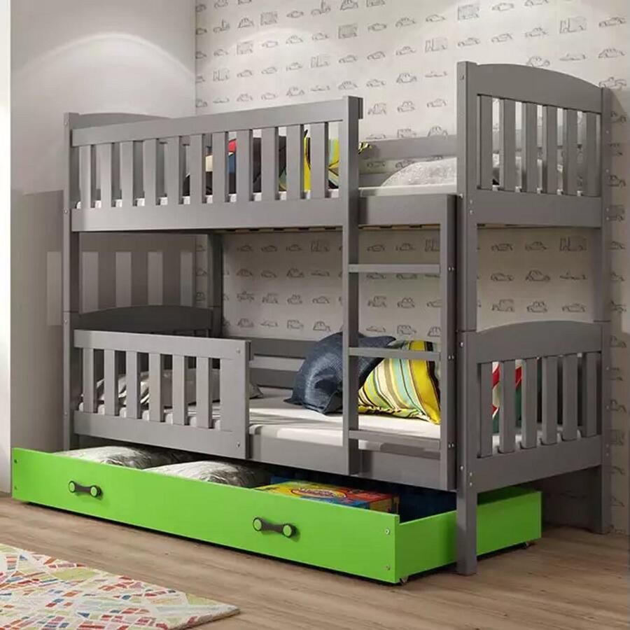 BMS Bunk Bed 90x190 cm Graphiet Groen Inclusief Matras en Lade