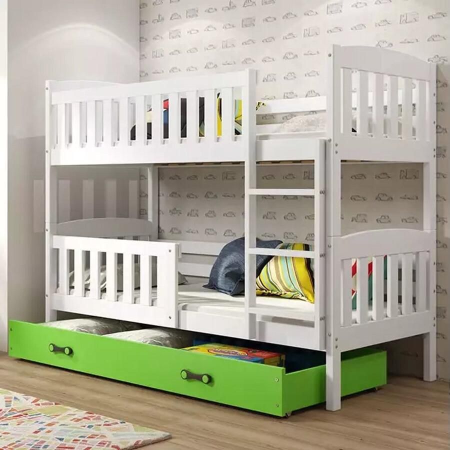 BMS Bunk Bed 90x190 cm Wit Groen Met Matras en Lade
