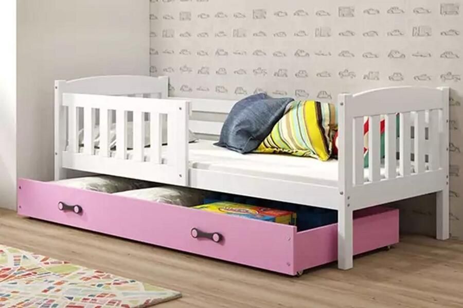 BMS Eenpersoonsbed KUBUŚ 90x190 cm Wit met Roze Inclusief Matras en Lade