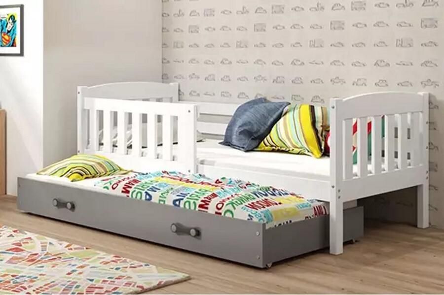 BMS KUBUŚ Jeugdbed 90x200 Wit Graphiet Inclusief Matras en Lade