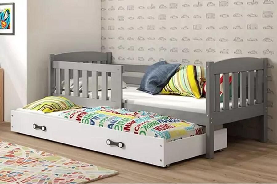 BMS KUBUŚ Jeugdbed 90x200 cm Grafiet Wit Inclusief Matras en Lade