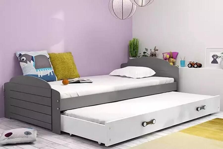 BMS LILI Pull-Out Jeugd Bed 90x200 met Matras en Lade Graphiet Wit