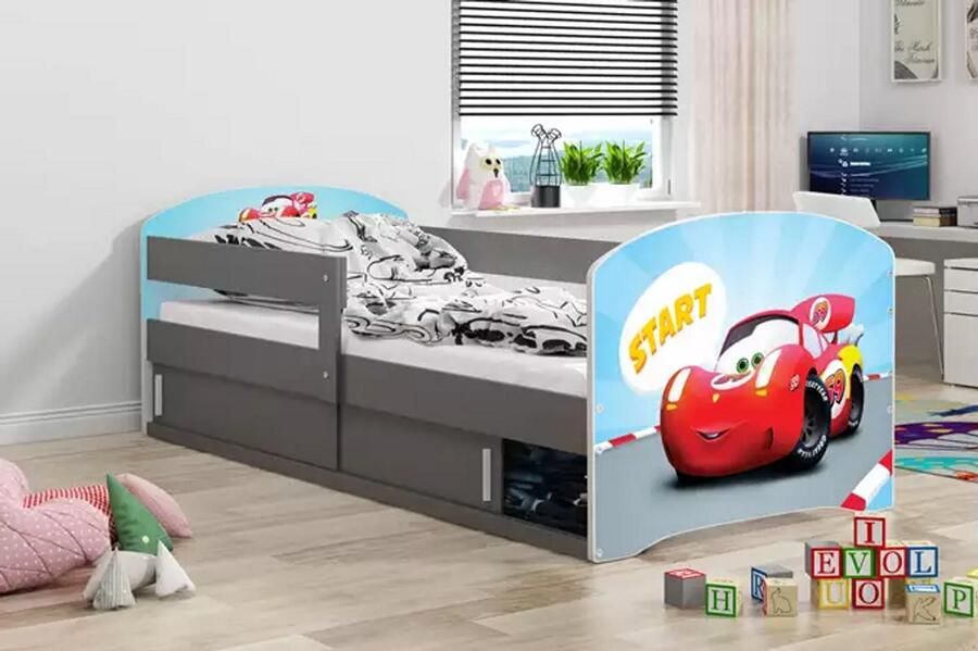 BMS LUKI 1 Enkel Kinderbed 80x160 Met Opbergruimte Auto Motief Grafiet