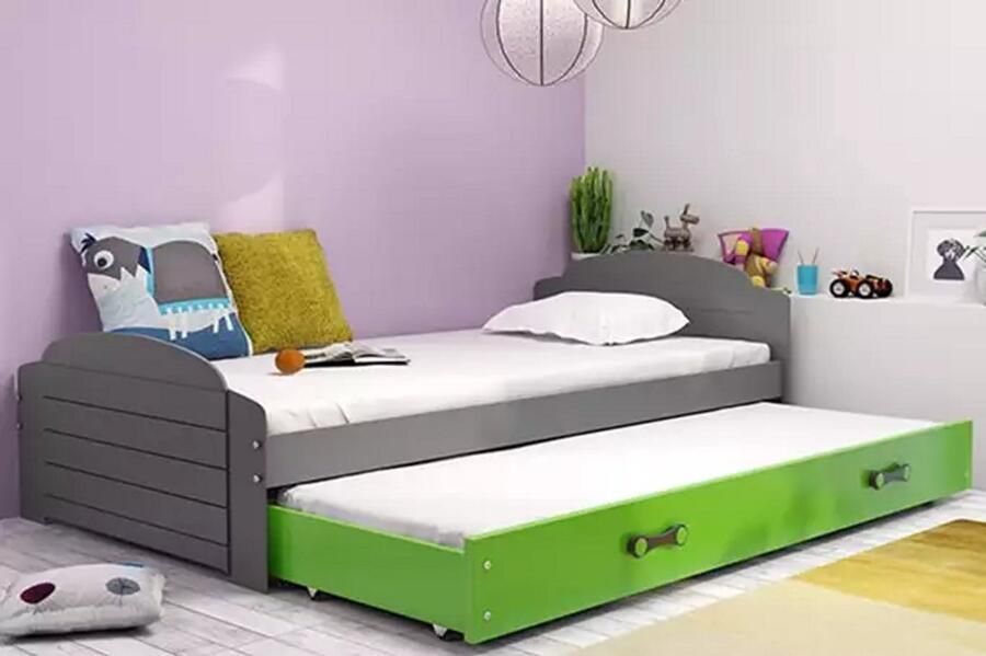 BMS Pull-out Jeugdbed LILI 90x200 met Matras en Lade Grafiet Groen
