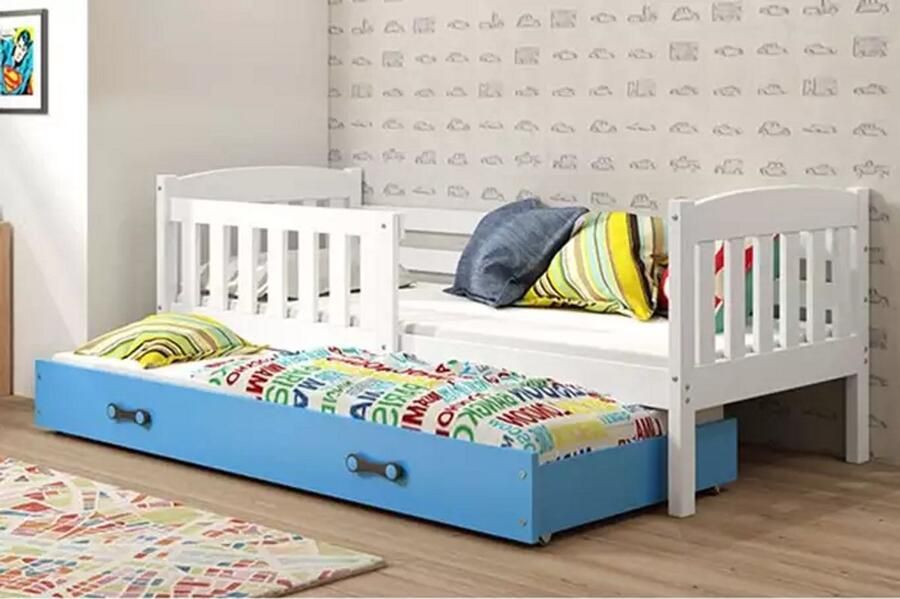 BMS KUBUŚ Jeugdbed 90x190 Wit Blauw Inclusief Matras en Lade