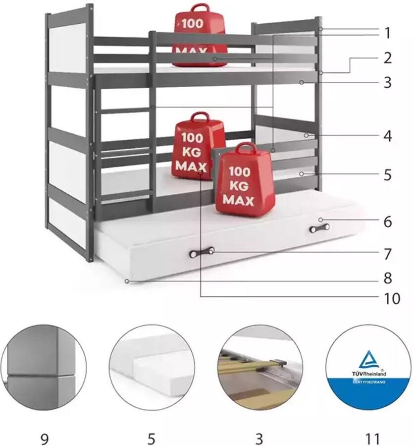 BMS RICO Jeugdbed 90x190 Graphiet Wit
