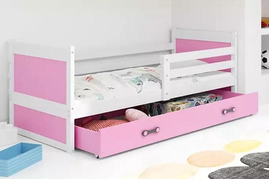 BMS Single Youth Bed 90x200 cm Wit Roze Inclusief Matras en Lade