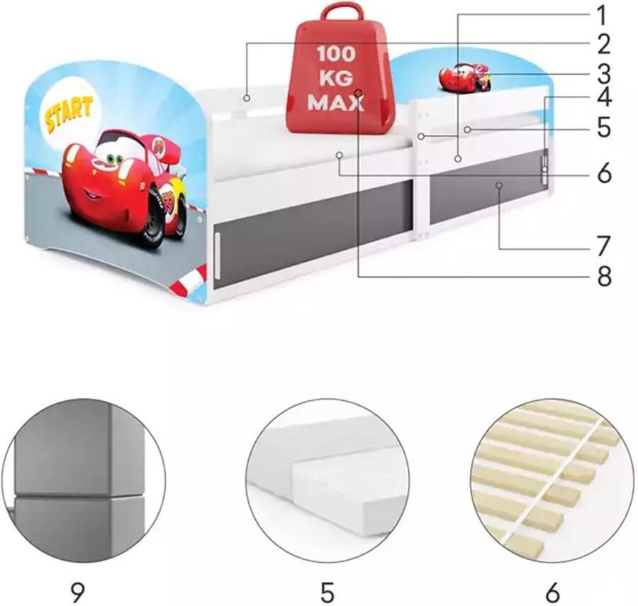 BMS Single Kids Bed LUKI 1 80x160 cm Wit met Opbergruimte en Auto Motief