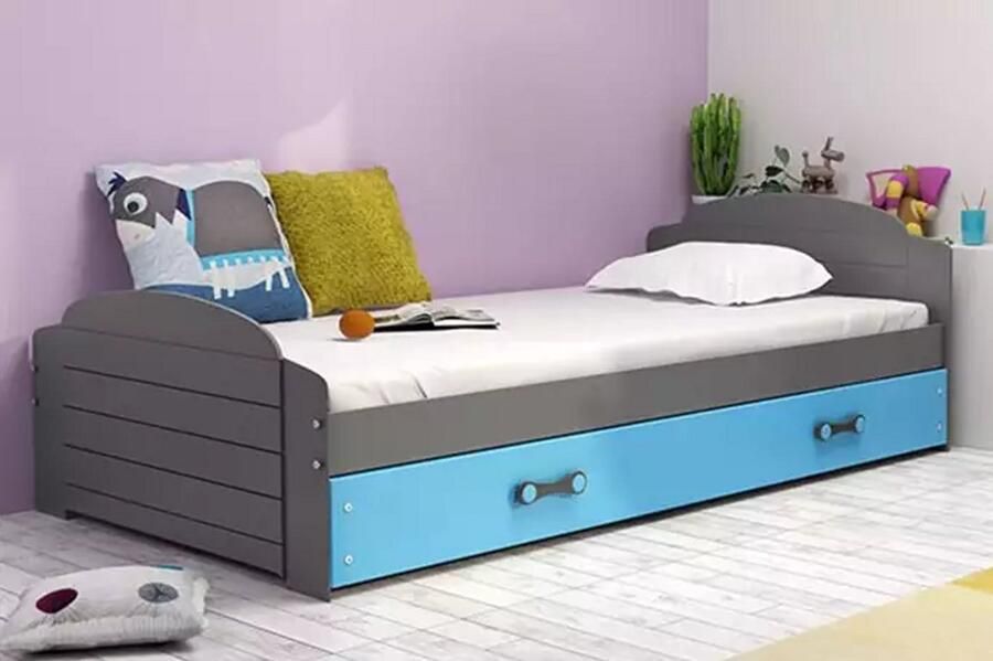 BMS Single Youth Bed 90x200 cm Graphite Blue Inclusief Matras en Lade