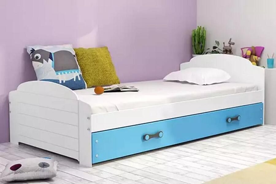 BMS Single Youth Bed 90x200 cm Wit Blauw Inclusief Matras en Lade
