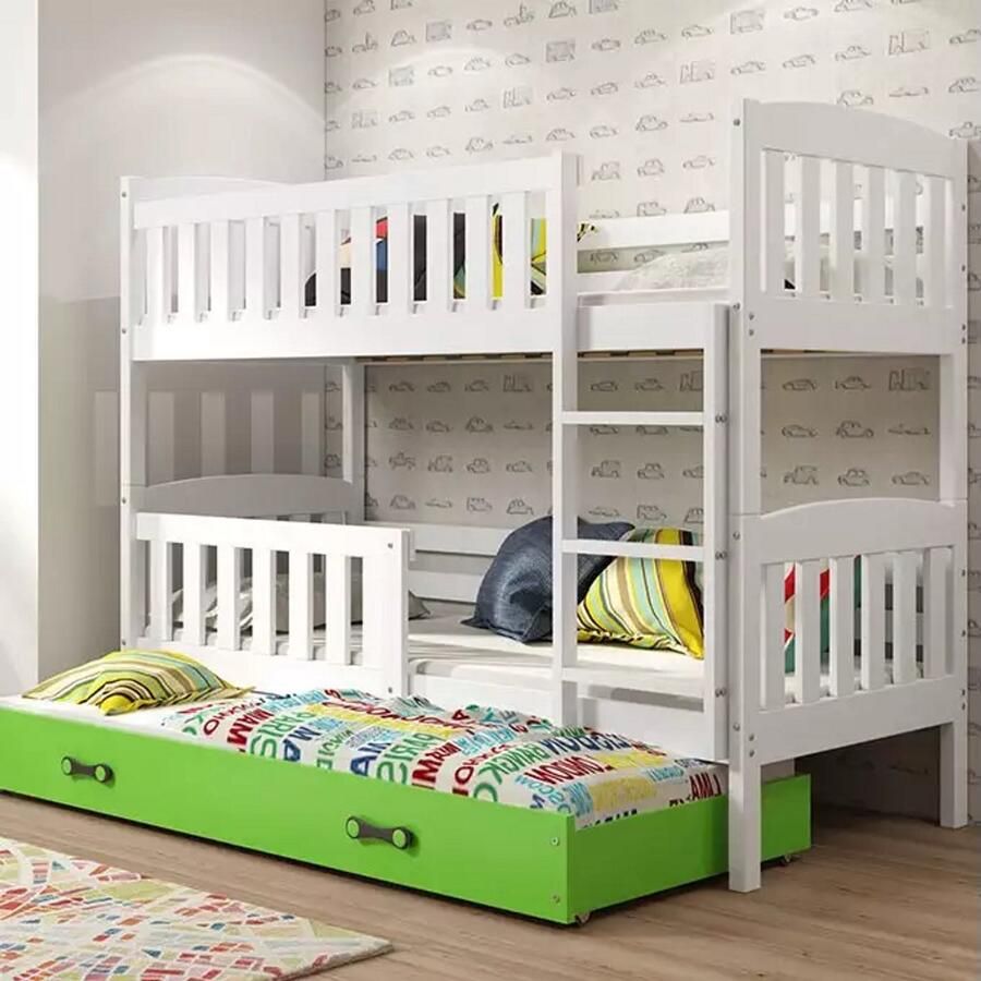 BMS Three-Person Youth Bed 90x200 cm Jeugd Wit Groen