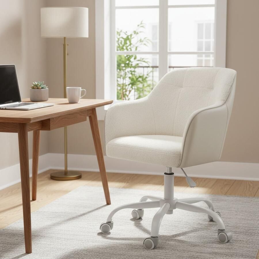 Songmics Thuisbureaustoel draaistoel bureaustoel in hoogte verstelbaar draagvermogen tot 110 kg ademende Sherpa stof en PU voor studeerkamer slaapkamer cappuccino beige OBG019W01 - Foto 2