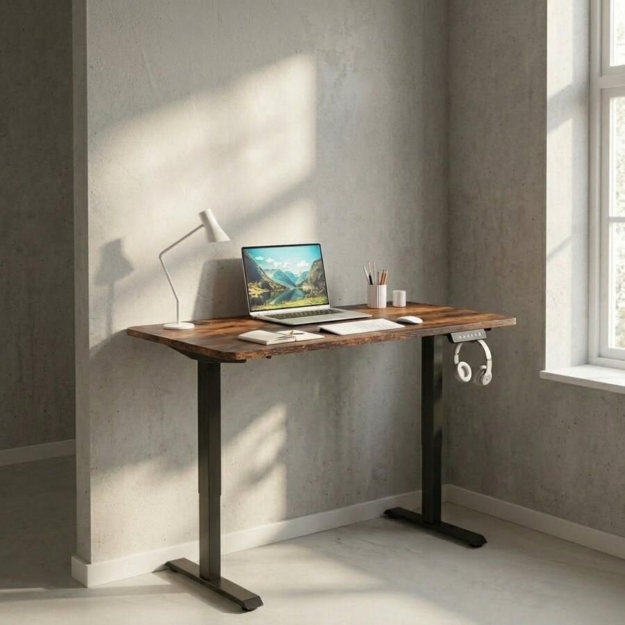 Parya Home Elektrisch Verstelbaar Bureau 140 x 60 cm – Traploos in Hoogte Verstelbaar met 4 Geheugenstanden – Vintage Bruin Houtlook & Zwart Stalen Frame - Foto 2