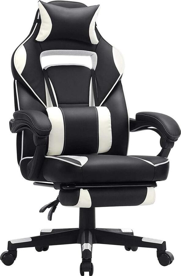 Bobbel Home Gaming chair bureaustoel met voetsteun bureaustoel met hoofdsteun en lendenkussen in hoogte verstelbaar ergonomisch 90-135° kantelhoek tot 150 kg draagvermogen zwart-wit OBG73BW - Foto 2