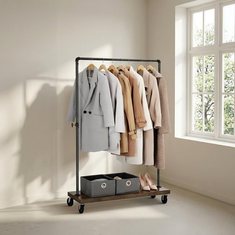 Bobbel Home Kledingrek op wieltjes Metaal Zwart Bruin Vergrendelbare Wielen Belastbaar tot 90 kg 160x100x40 - Foto 2