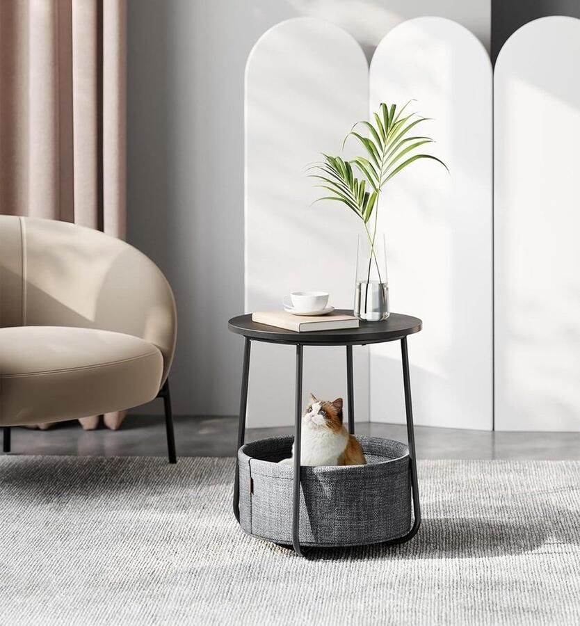 Bobbel Home Kleine ronde salontafel bijzettafel met stoffen mand opbergruimte voor woonkamer slaapkamer nachtkastje moderne stijl boszwart en leigrijs