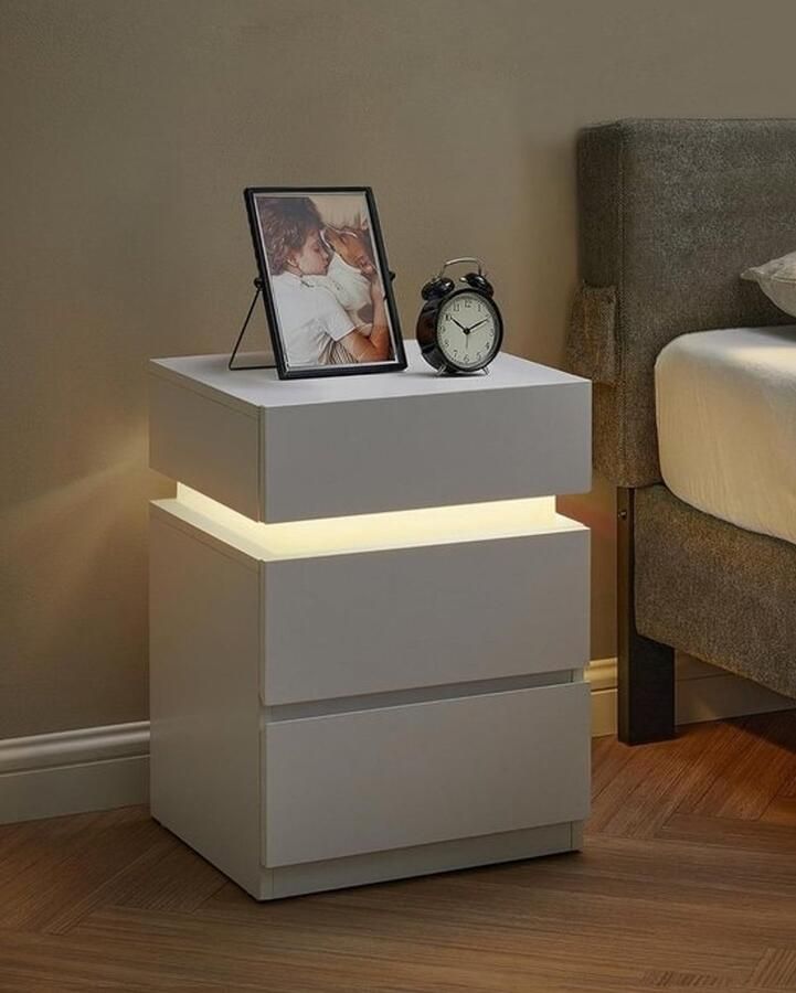 Bobbel Home Elegante Nachtkastje met ledverlichting bijzettafel sofatafel slaapkamer modern 35 x 40 x 55 cm wit Ruim Paneel Kunstwerken een gemakkelijk te openen lade met een afgeronde rand om kleinigheden op te bergen en een open plank favoriete boeken - Foto 2