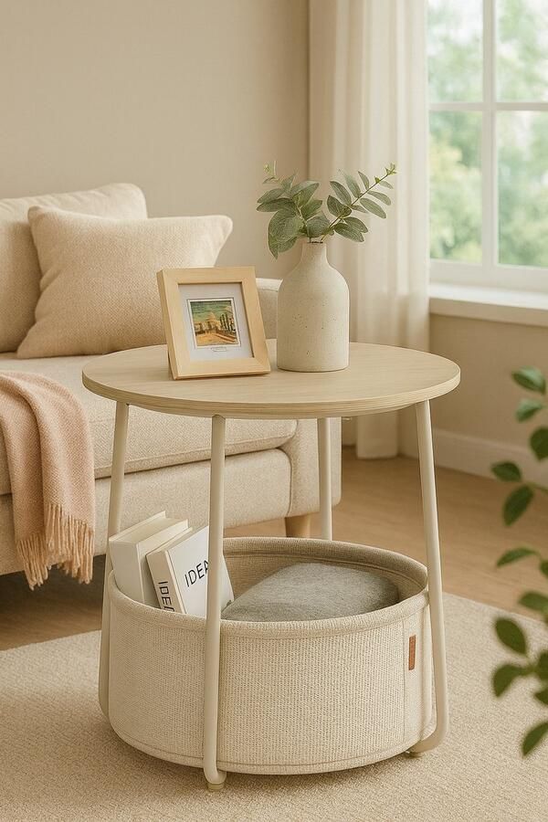 Bobbel Home Ronde bijzettafel kleine tafel kleine salontafel woonkamertafel met stoffen mand opbergruimte voor woonkamer slaapkamer modern nachtkastje crèmewit