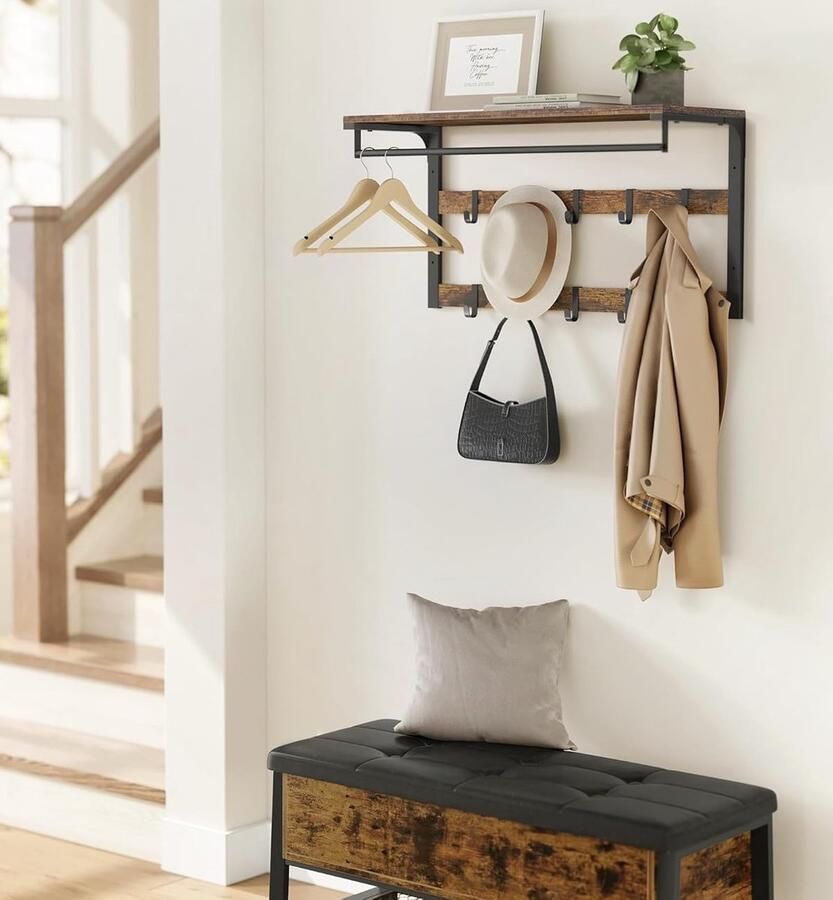 Bobbel Home Wandkapstok met plank en kledingroede – Wandplank met 10 afneembare haken – Industrieel design in vintage bruin zwart – Voor hal slaapkamer of badkamer