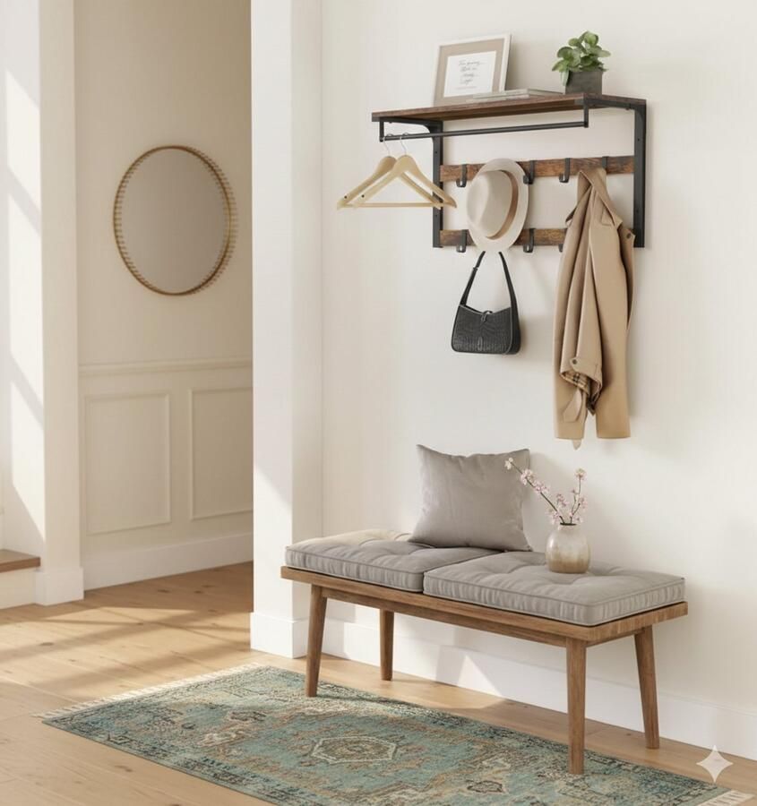 Bobbel Home Wandkapstok met plank en kledingroede – Wandplank met 10 afneembare haken – Industrieel design in vintage bruin zwart – Voor hal slaapkamer of badkamer - Foto 2