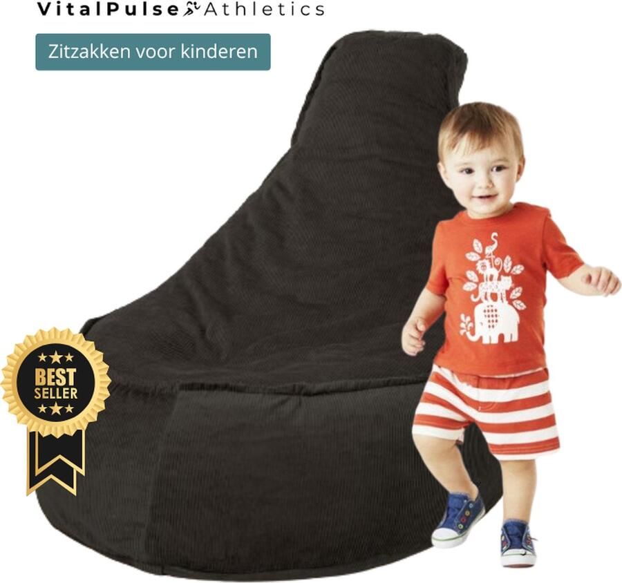 VitalPulse Athletics ONE-Shop Wonen Zitzak – Zitzakken Zwart Zitzak voor Kinderen Stoelvorm – Ribstof – Curduroy 60x80cm – 100 Liter - Foto 2